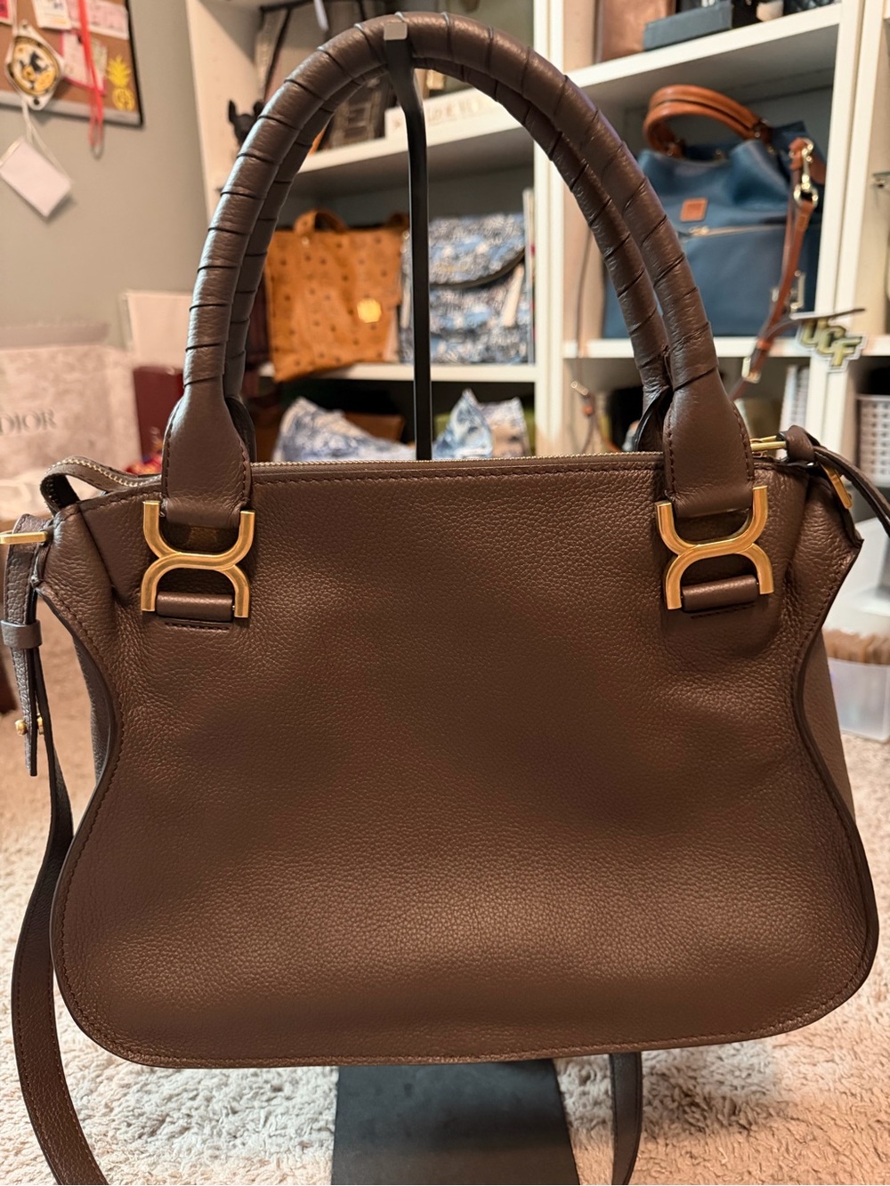 Chloé Marcie Medium Satchel Brown Pebbled Leather Gold Hardware Crossbody - Picture 4 of 14